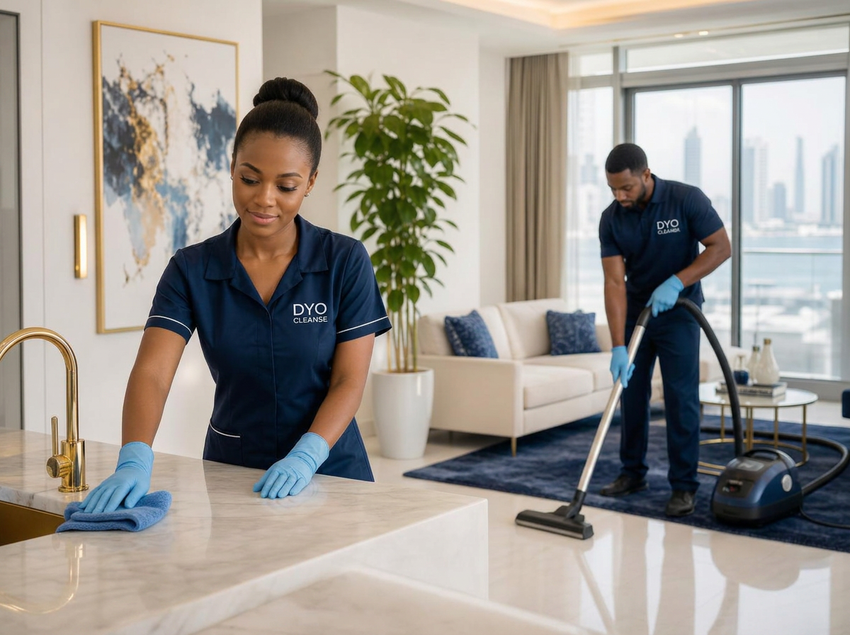 Two DYO Cleanse specialists cleaning a bright modern apartment